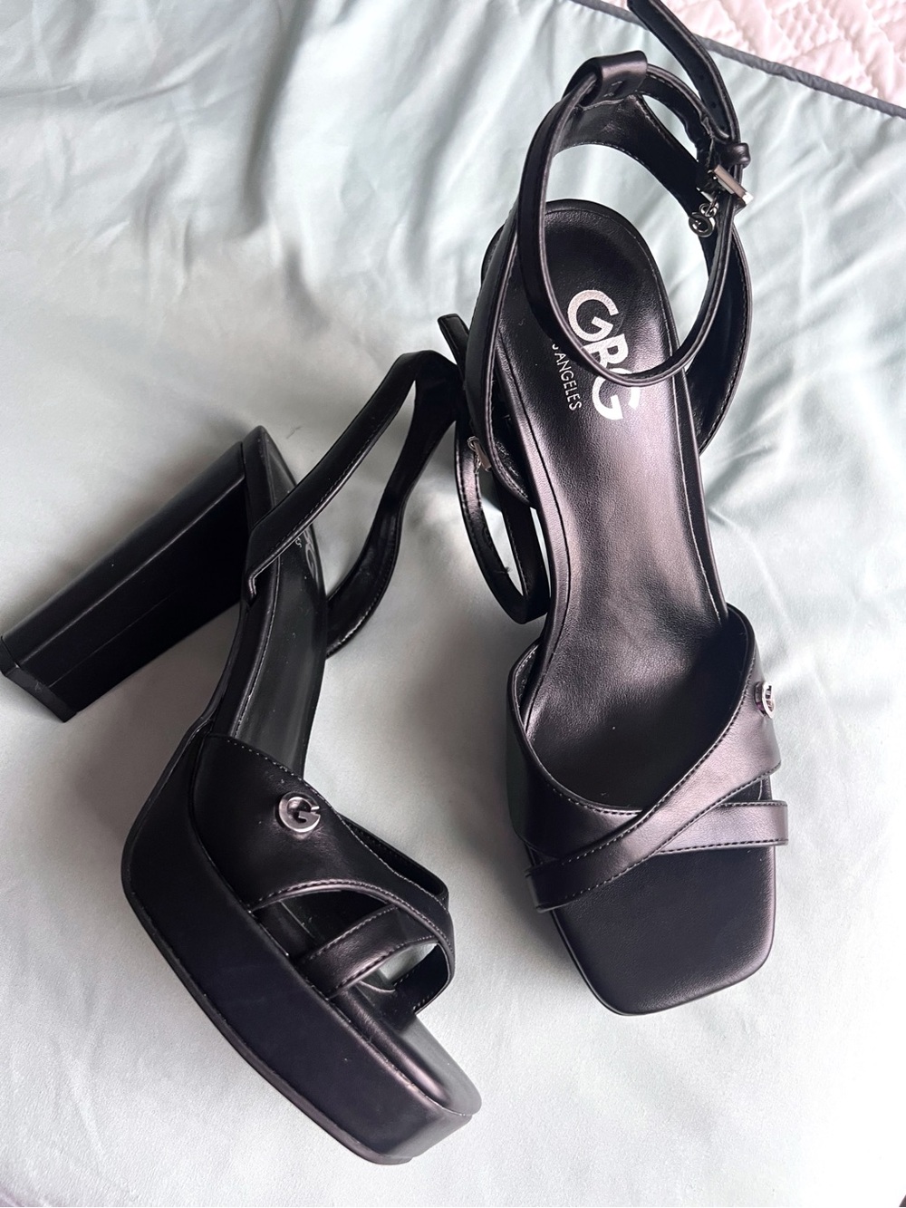 GBG Los Angeles Black Platform Block Heel Strappy Sandals